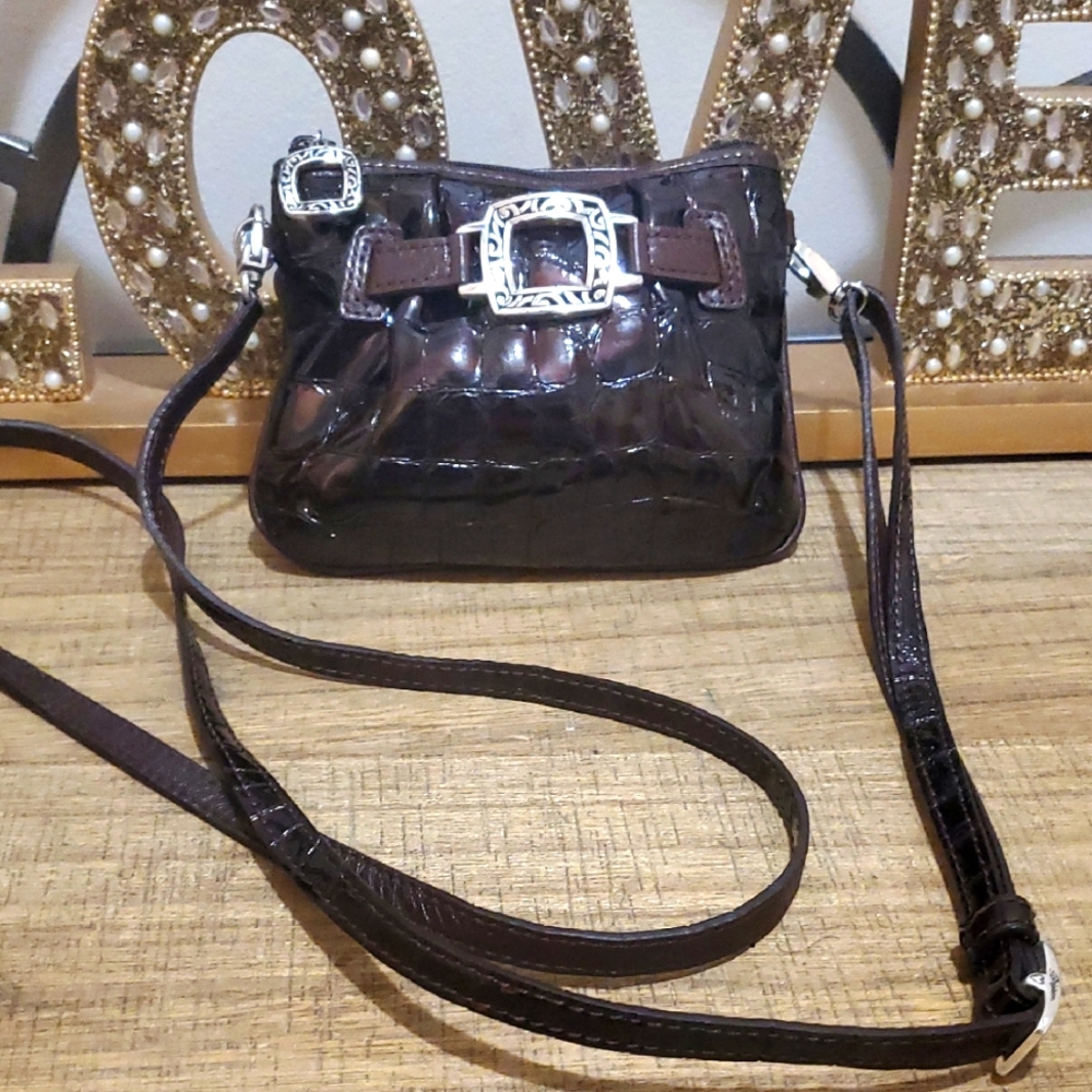 Brighton Brown Croc-Embossed Leather Crossbody with Silver Buckle